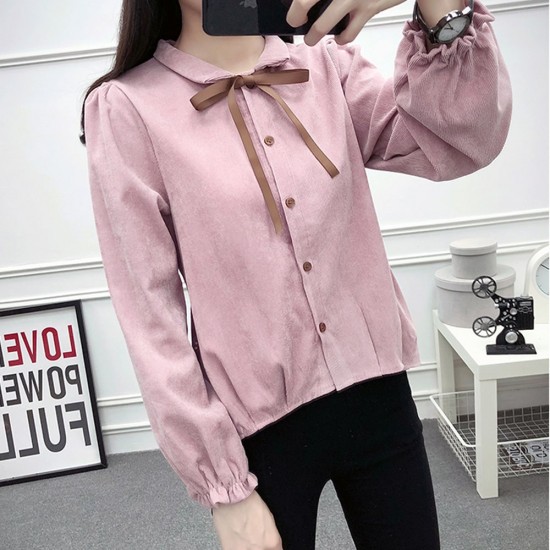 Solid Color Long Sleeve Corduroy Shirt For Women - Pink image