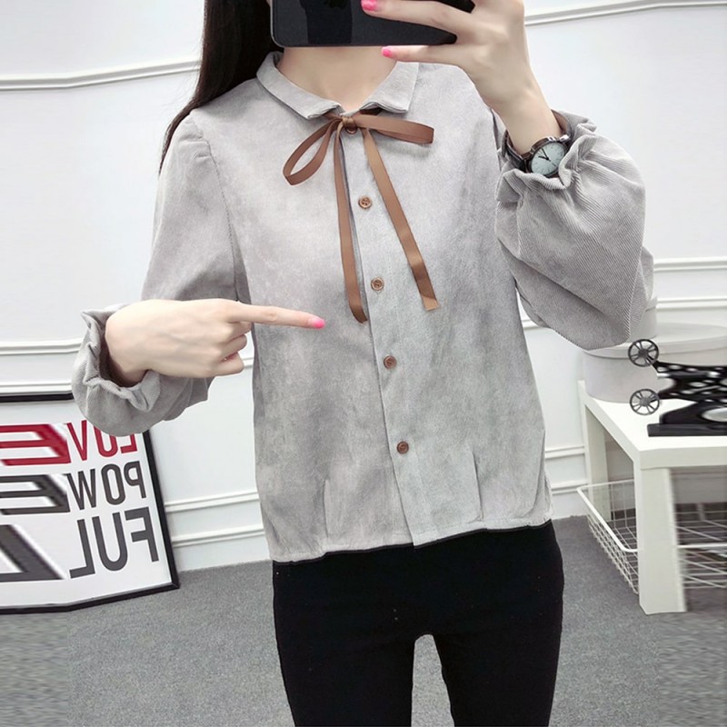 Solid Color Long Sleeve Corduroy Shirt For Women - Grey image