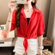 Women's Long Sleeved Collared Tie Front Shirt - Red image