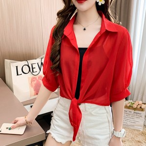 Women's Long Sleeved Collared Tie Front Shirt - Red
