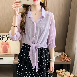 Women's Long Sleeved Collared Tie Front Shirt - Purple
