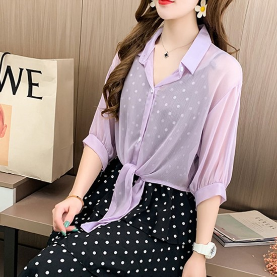Women's Long Sleeved Collared Tie Front Shirt - Purple image