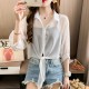 Women's Long Sleeved Collared Tie Front Shirt - White image