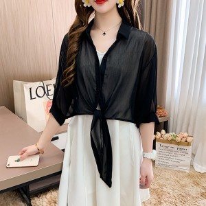 Women's Long Sleeved Collared Tie Front Shirt - Black