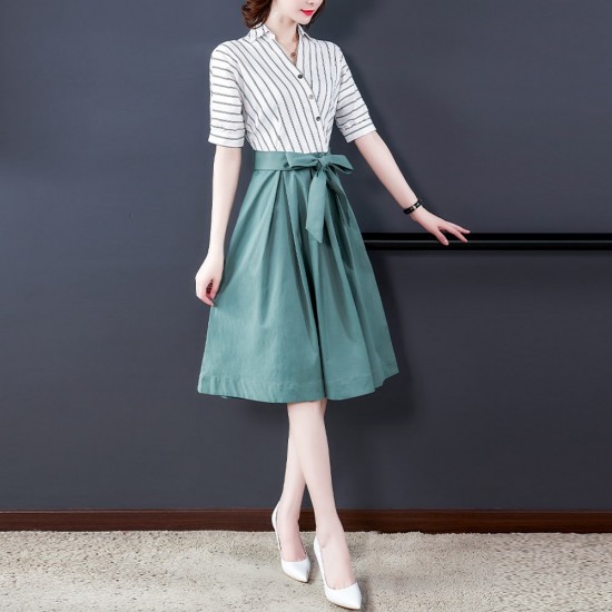 Asymmetric Striped And Umbrella Flare Skirt Midi Dress - White image