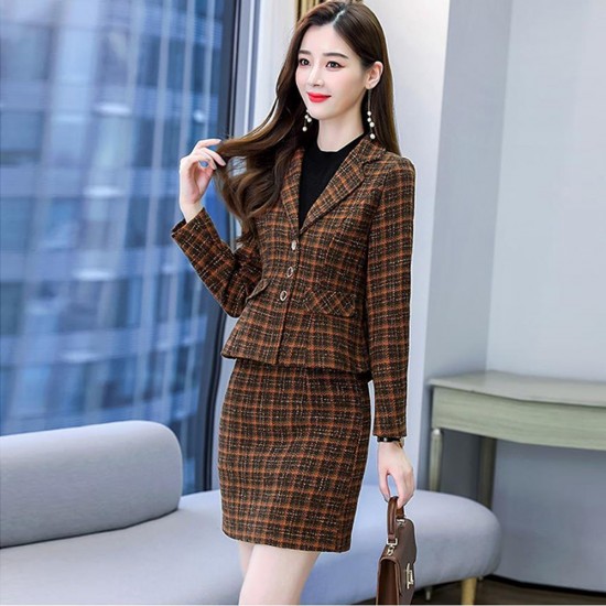Long Sleeve Checkered Jacket And Mini Skirt - Brown image