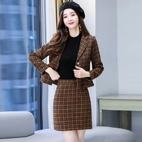 Long Sleeve Checkered Jacket And Mini Skirt - Brown image