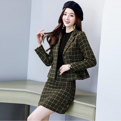 Long Sleeve Checkered Jacket And Mini Skirt - Green image