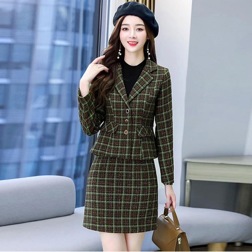 Long Sleeve Checkered Jacket And Mini Skirt - Green image