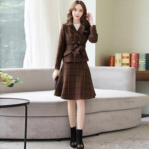 Checkered Two Piece Double Breasted Jacket And Midi Skirt - Brown image