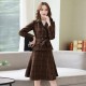 Checkered Two Piece Double Breasted Jacket And Midi Skirt - Brown image