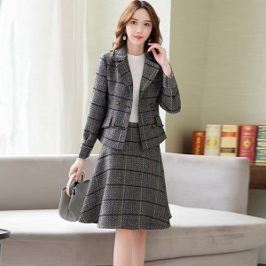 Checkered Two Piece Double Breasted Jacket And A-Line Midi Skirt - Grey