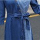 Casual Loose Fit Collared Midi Denim Dress With Belt - Blue image