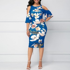  Straight Cut Floral Cold Shoulder Knee Length Dress - Blue