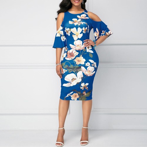  Straight Cut Floral Cold Shoulder Knee Length Dress - Blue image