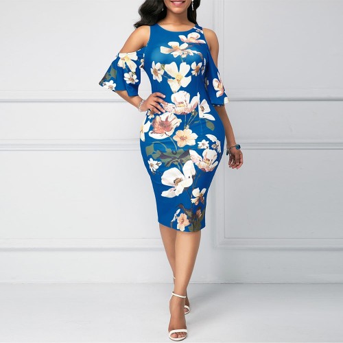  Straight Cut Floral Cold Shoulder Knee Length Dress - Blue image