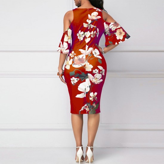  Straight Cut Floral Cold Shoulder Knee Length Dress - Red image