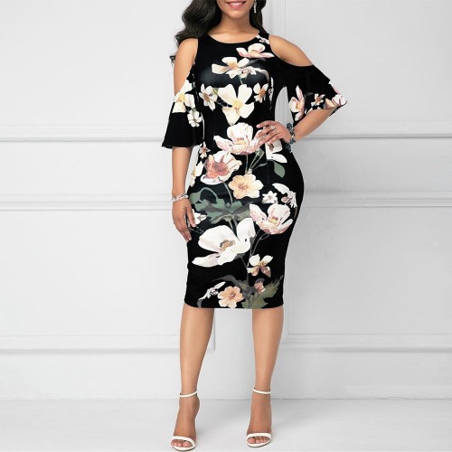  Straight Cut Floral Cold Shoulder Knee Length Dress - Black image