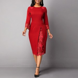 Elbow Length Sleeves Ladies Lace Stitch Knee Length Gown - Red