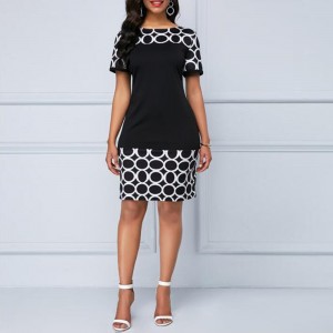 Women's Round Neck Geometric Print And Plain Short Dress - Black