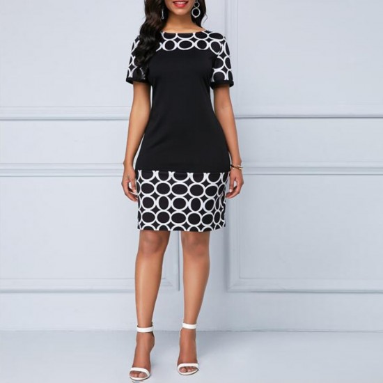 Women's Round Neck Geometric Print And Plain Short Dress - Black image
