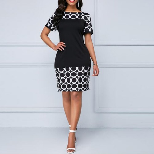 Women's Round Neck Geometric Print And Plain Short Dress - Black image