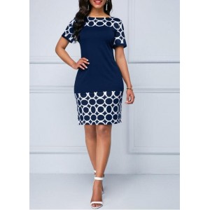 Women's Round Neck Geometric Print And Plain Short Dress - Blue