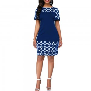 Women's Round Neck Geometric Print And Plain Short Dress - Blue