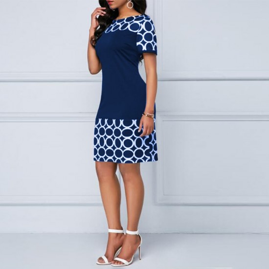 Women's Round Neck Geometric Print And Plain Short Dress - Blue image