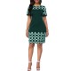 Women's Round Neck Geometric Print And Plain Short Dress - Green image