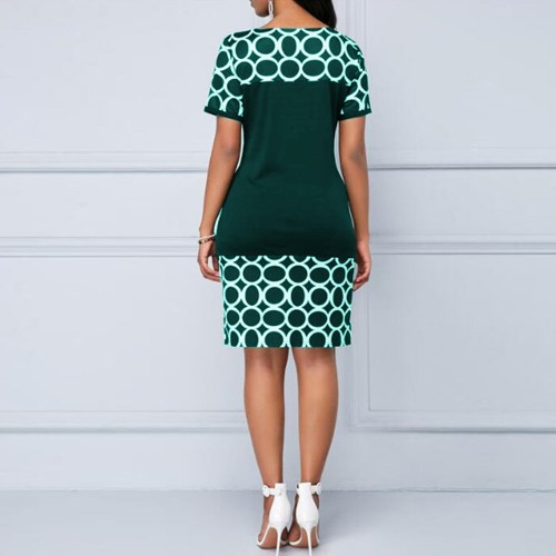Women's Round Neck Geometric Print And Plain Short Dress - Green image