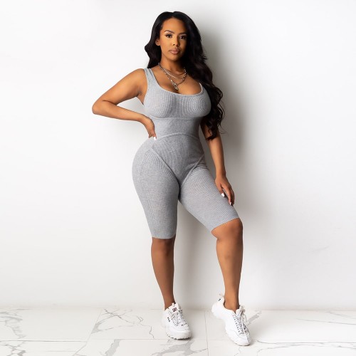 Knitted Sleeveless Sport Style Midi Jumpsuit for Women - Grey image