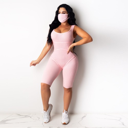 Knitted Sleeveless Sport Style Midi Jumpsuit for Women - Pink image