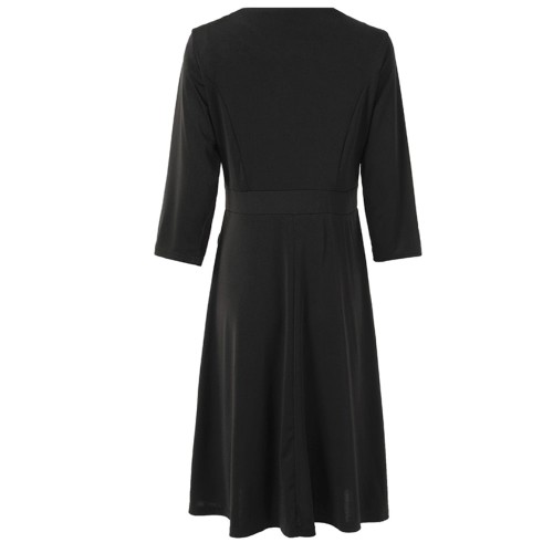 Solid Color Buttoned Long Sleeved A-Line Women's Dress - Black image