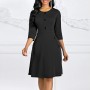 Solid Color Buttoned Long Sleeved A-Line Women's Dress - Black	