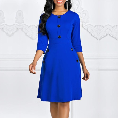 Solid Color Buttoned Long Sleeved A-Line Women's Dress - Blue image