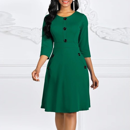 Solid Color Buttoned Long Sleeved A-Line Women's Dress - Green image