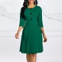 Solid Color Buttoned Long Sleeved A-Line Women's Dress - Green	