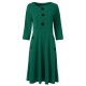 Solid Color Buttoned Long Sleeved A-Line Women's Dress - Green image