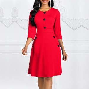 Solid Color Buttoned Long Sleeved A-Line Women's Dress - Red	