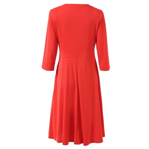 Solid Color Buttoned Long Sleeved A-Line Women's Dress - Red image