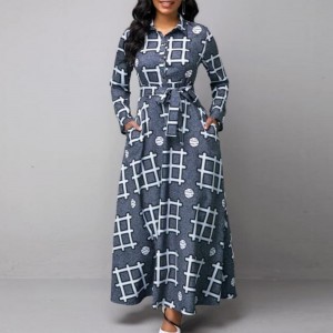 Classic Collared Geometric Printed Long Sleeve Maxi Dress - Grey