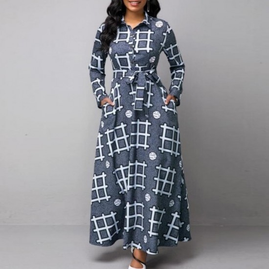 Classic Collared Geometric Printed Long Sleeve Maxi Dress - Grey image