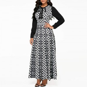 Round Neck High Waist Printed Maxi Dress for Women - Black	