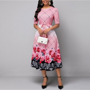 Round Neck Floral Style Printed Maxi Dress - Pink