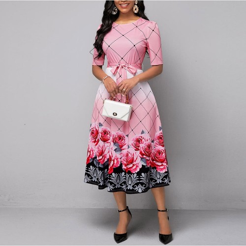 Round Neck Floral Style Printed Maxi Dress - Pink image