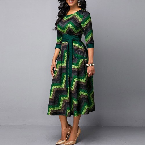 Geometric Printed Flair Style Maxi Dress - Green | image
