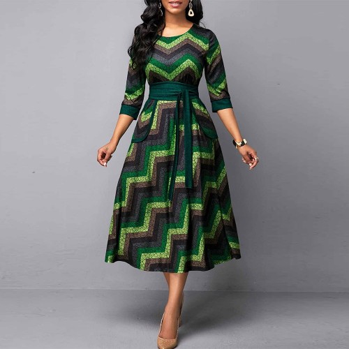 Geometric Printed Flair Style Maxi Dress - Green | image