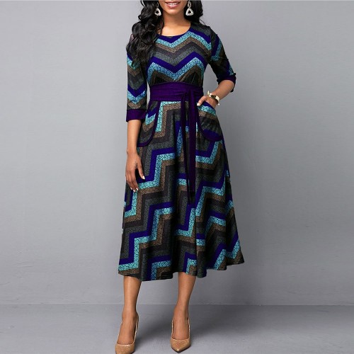 Geometric Printed Flair Style Maxi Dress - Blue image