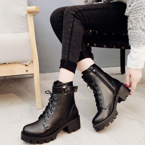 Women's Lace Up Ankle Platform Leather Boots - Black image